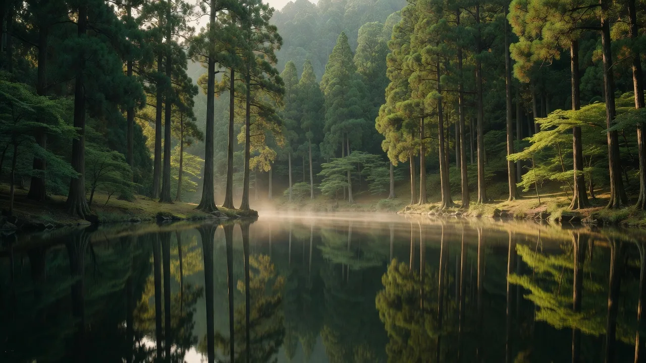 杉の木々に囲まれた山の池