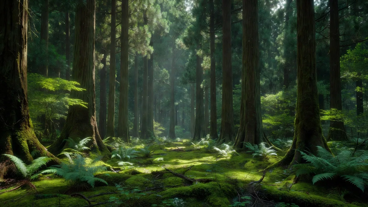 深い杉林の樹冠