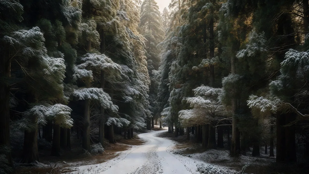 雪化粧の杉道